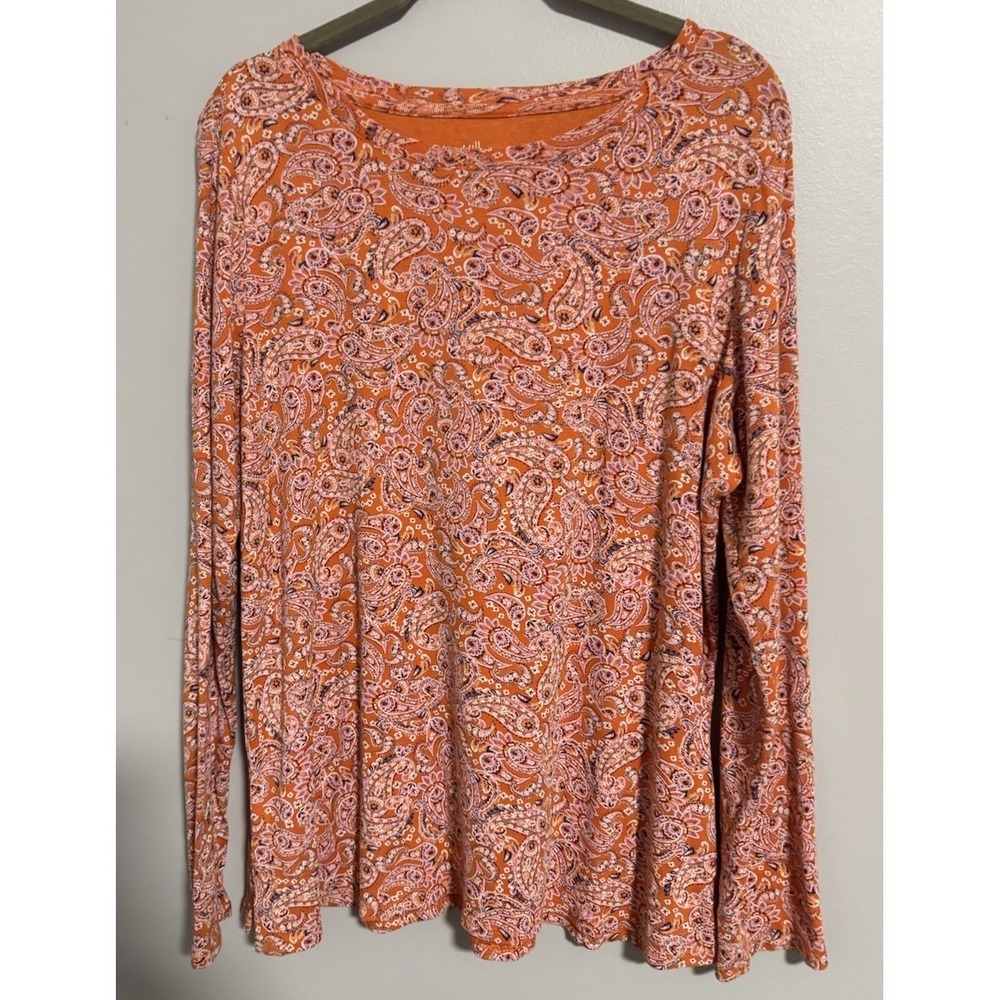 J. Jill Crew Neck Tee Women's Size Large Orange Paisley Long Sleeve Pima Cotton
